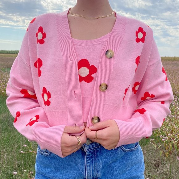Bailey Rose Sweaters - Bailey Rose Strawberry Flower Tank & Cardigan Sweater Set